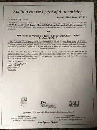 John Wayne Autographed Letter To PGA Pro Doug Sanders JSA ALOA With Envelope 5
