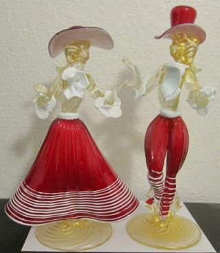 10 1/2 " Tall Murano Italian Red White Gold Man Lady Figure Art Glass Sculptures