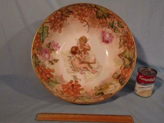 Large Antique Limoges 15 " Hand Painted Punch Bowl - Cherubs & Roses