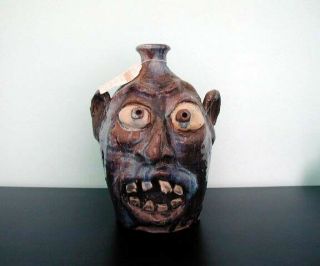 Nc Mountains Signed W.  Flowers Face Jug Folk Art Pottery 10 " Tall Crooked Teeth