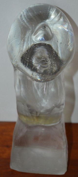 Unusual Crystal Head Glass Abstract Figural Sculpture Face Skull On Frosted Base