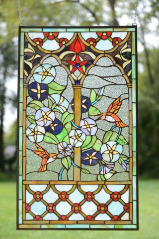 20 " X 34 " Decorative Handcrafted Stained Glass Window Panel Hummingbird Flower