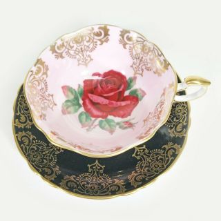 Paragon China Cup & Saucer Floating Red Rose Signed Johnson Black Pink 1960s