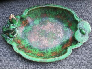 Large Vintage Weller Pottery Coppertone Frog And Water Lily Flower Bowl Signed