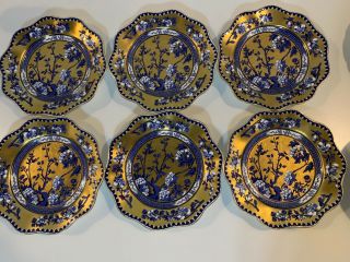 Antique Coalport Porcelain Set Of 6 Porcelain Plates W/ Blue & Gold Floral Dec.