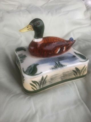 Scarce Blue Ridge Pottery China Hand Painted Trinket Box With Duck On Lid