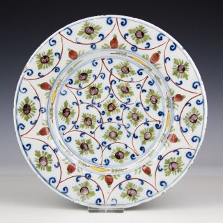 A Rare 18th Century Dutch Delft Pottery Polychrome Floral Plate