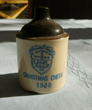 1930 Uhl Pottery Christmas Cheer Miniature Whiskey Jug 3 " Tall