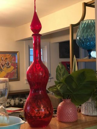 Vintage Empoli Optic Red Glass Decanter Genie Bottle Stopper 24”