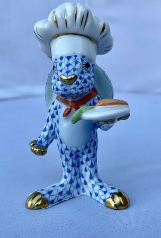 Herend Porcelain Hand Painted Blue Fishnet Chef Bunny Rabbit 2568
