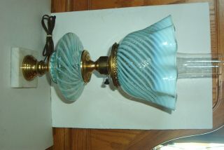 Vintage Fenton Art Glass Co.  Blue Opalescent Swirl Stripes Electric Table Lamp