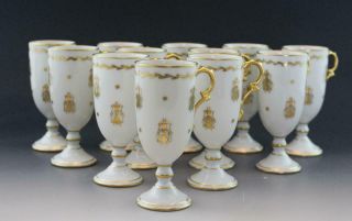 Antique Set Of 12 French Limoges Porcelain Footed Tea Cups W/ Gilt Gold & Bees