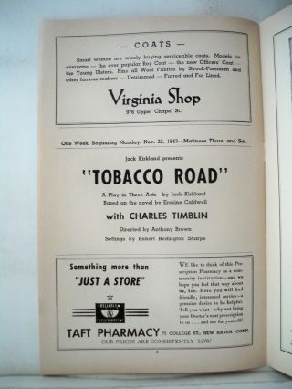 TOBACCO ROAD Playbill CHARLES TIMBLIN / SARA PERRY Tour HAVEN 1943 2