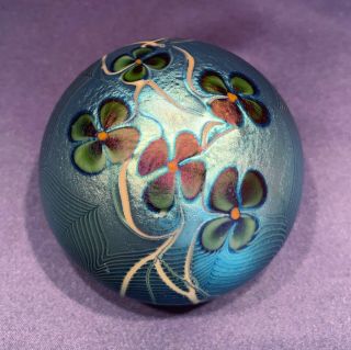 Orient,  Flume Signed Cased Art Glass Paperweight 1976 Iridescent 4 Leaf Clovers