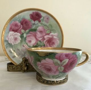 Limoges France Hand - Painted Roses Gold Encrusted Etching Cup And Saucer
