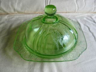 Rare Federal Sylvan Parrot Depression Glass Green Butter Dish 1931 - 1932