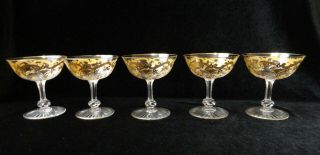 Vintage 4 1/4 " Gold Encrusted Clear Crystal Sherbets - Set /5 Elegant Glass Stems