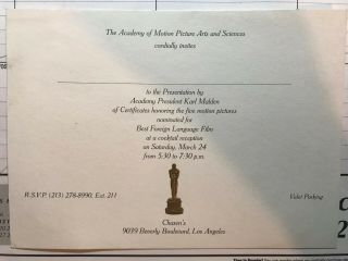Academy Awards Invitation Cocktail Reception For Best Foreign Language Film 1984
