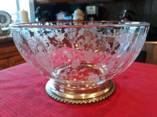Rose Point Bowl Etched Glass By Cambridge W / Wallace Sterling Base " Stunning "