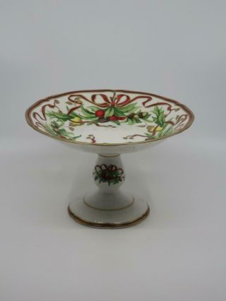 Tiffany & Co China Holiday Footed Compote Dessert Bowl Lg 9 " Christmas W/ Box
