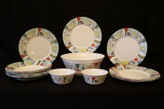20pc Vintage Arcopal Vegas Modernist Pattern Multicolored Plates & Bowls,  France