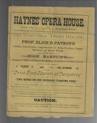 Vintage Haynes Opera House Flyer July 1886 Binghamton Ny Harry Foxhole Manager