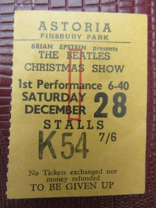 Beatles Xmas Show Ticket Stub Finsbury Park Astoria December 28 1963