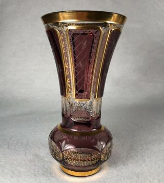 Antique Moser Cabochon Purple Cut To Clear Crystal Vase Etched Painted Gold 6”