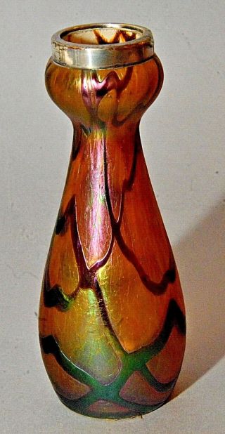 Antique Loetz Art Glass Vase Iridescent W/ Cobweb Design & Mounted Rim 6 - 1/2 " H