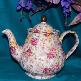 Vintage Arthur Wood & Son England Pink Chintz Daises Roses 6783 Flowers Teapot