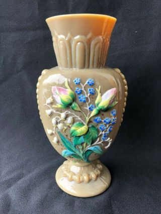 Gray Bristol Glass Vase,  Enameled Flowers,  Victorian