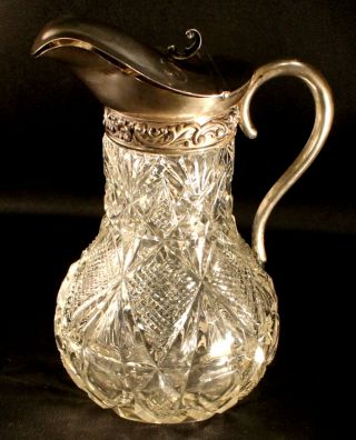 American Brilliant Cut Glass Syrup Pitcher W/ Sterling Silver Top Bee Hive Mark