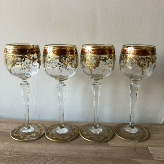 Lovely Set Of 4 Antique Moser Baccarat Or St Louis Gold Encrusted Wine Glasses