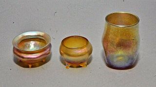 Old Tiffany Favrile Type Art Glass Iridescent Gold - 2 Open Salts & 1 Small Cup