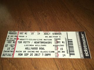 Rare Tom Petty/heartbreakers 9/25/2017 Final Last Concert Ticket Hollywood Bowl