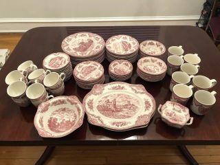 Johnson Brothers Old Britain Castles 89 Piece Dinner Service For 12,  Pink