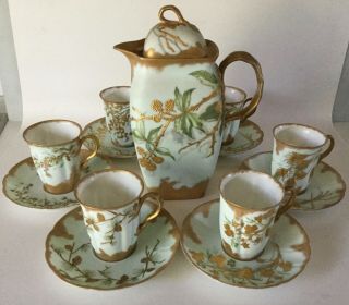 Jp H&co Limoges France Chocolate Pot,  6 Cup & Saucer Set Hand Painted 1890s