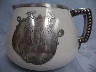 Early Lenox White Porcelain Pitcher W/heavy Silver Overlay,  Deco Style,  Monogram