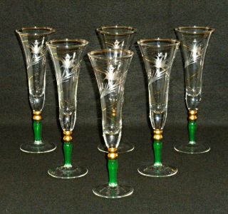 Rare Antique Murano Glass Paolo Venini (1895 - 1959) 6 X Champagne Flute W/ Gold