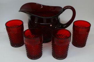 Westmoreland English Hobnail Ruby Red Pitcher And 4 Glasses 4 "
