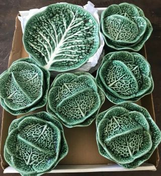 Portugal Deep Green Cabbage Leaf Majolica 7” Plate & Covered Bowl Set Of 6
