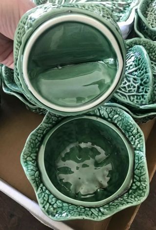 Portugal Deep Green Cabbage Leaf Majolica 7” Plate & Covered Bowl Set of 6 2