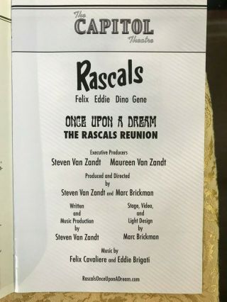 The Rascals Once Upon A Dream Premier Playbill 2012 Capitol Theatre Port Chester 2