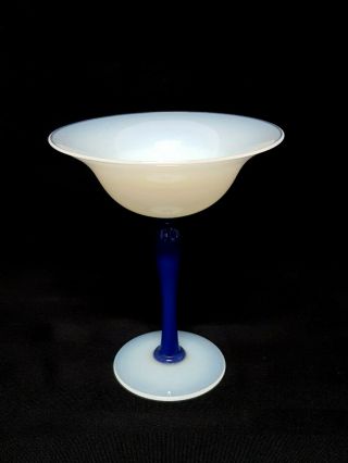 Vintage H.  C.  Fry Glass Co.  7 " Blue And White Opalescent Art Glass Compote