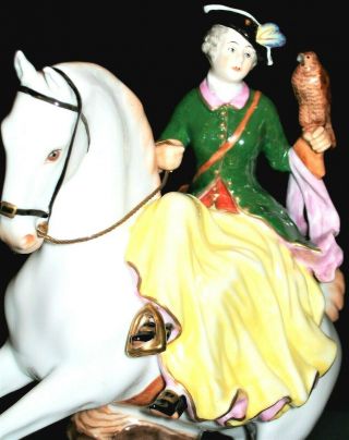 Antique German Dresden Lady Huntress On Horse & Falcon Bird Porcelain Figurine