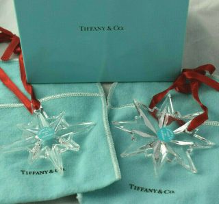 Vtg Tiffany Co Cut Crystal Snowflake Christmas Ornament 2pc Set