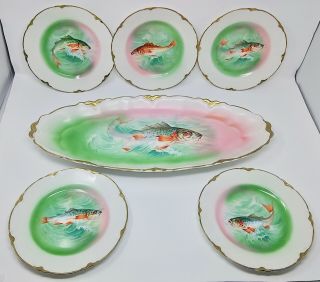 6 Pc Antique Victorian Stinthal China Fish Platter & 5 Plates Signed Coulaugh