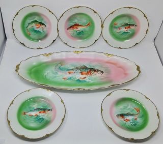 6 PC Antique Victorian Stinthal China Fish Platter & 5 Plates Signed Coulaugh 2