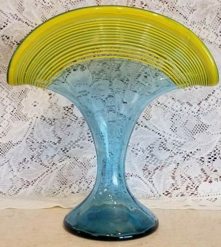 Hand Blown Bohemian/czech Fan Art Glass Vase - Sky Blue And Yellow.