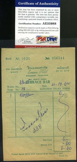 Vincent Price Psa Dna Cert Autograph 1968 Thailand Hotel Receipt Signed
